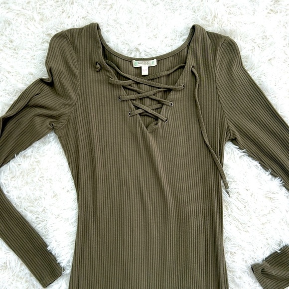 Olive Green Ribbed Long Sleeve Dress - Picture 2 of 3